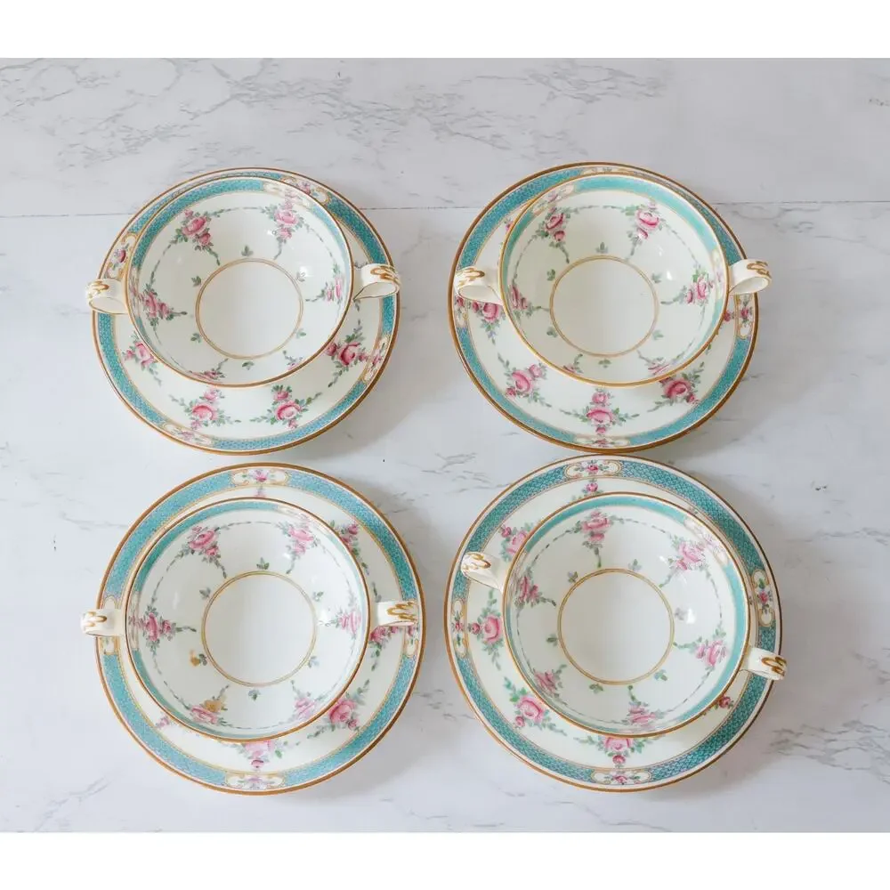 Antique Minton Persian Rose Bouillon Cup & Saucer Set of 4 England 1910s Cottage